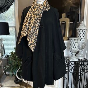 Black Women's Poncho with Leopard Print Scarf